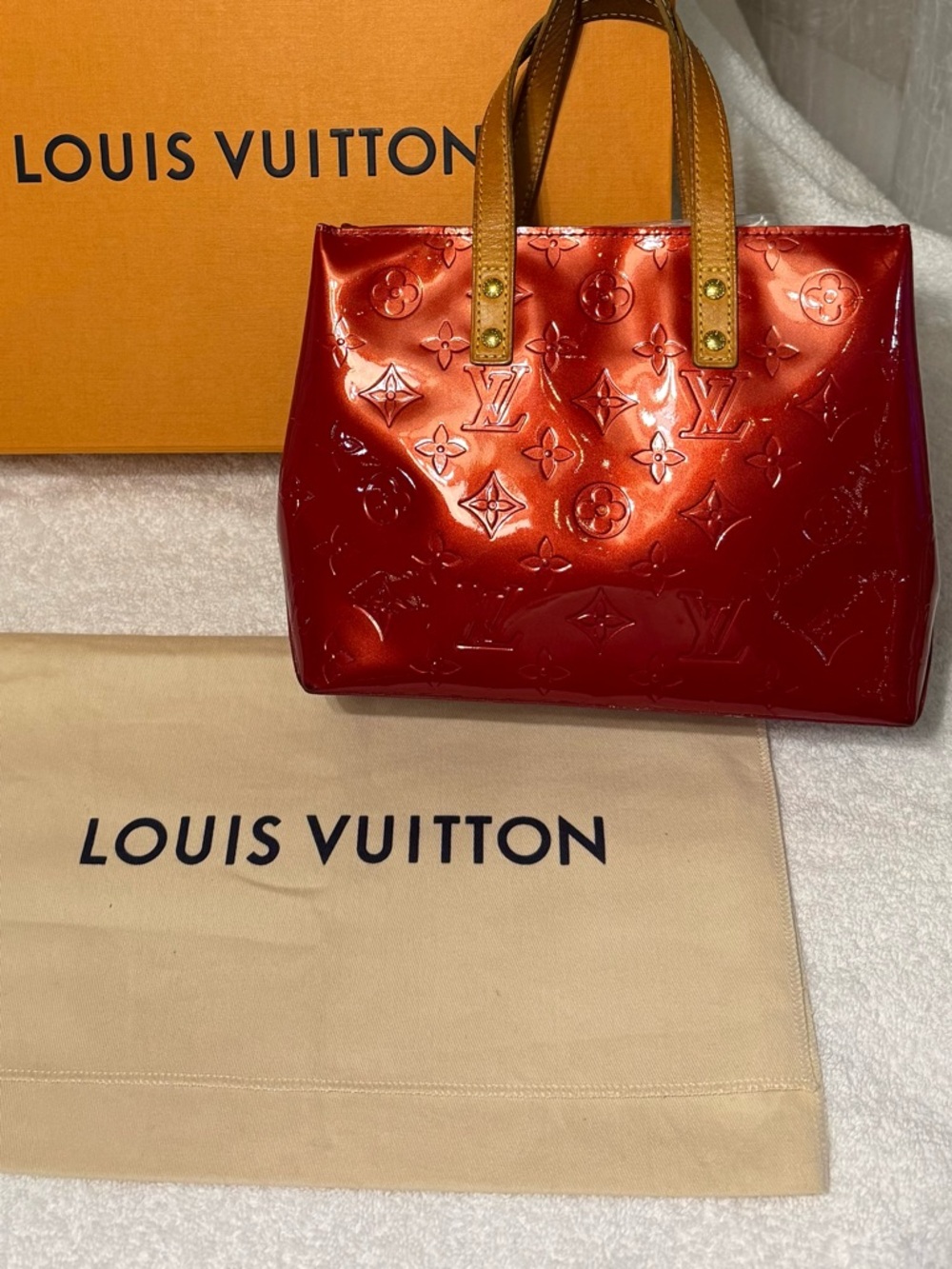 Louis Vuitton Red Vernis Monogram Mini/Small Tote with Vachetta Handles